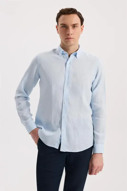 Buz Mavi Comfort Fit %100 Keten Klasik Yaka Gömlek - JAKAMEN