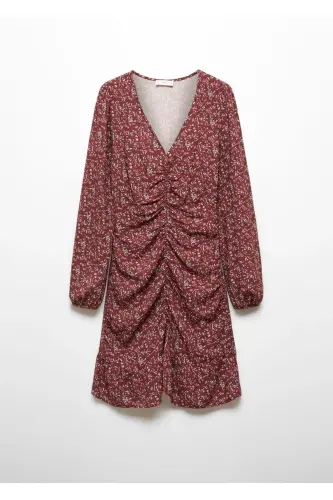 Büzgü detaylı çiçekli elbise - Bordo - 3