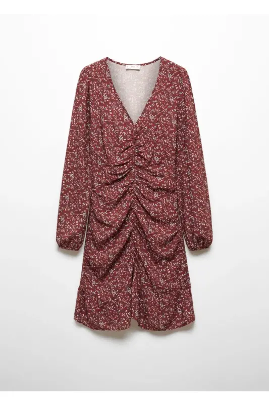 Büzgü detaylı çiçekli elbise - Bordo - 3