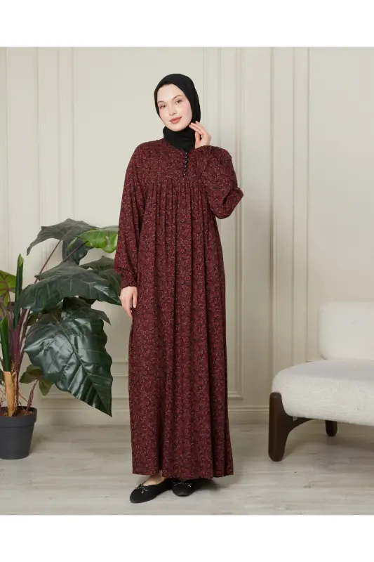 Büzgü Robadan Önü Düğmeli Viskon Kumaş Tessetür Giyim Anne Elbisesi Namaz Elbisesi - Bordo Kalın Şal Desen - 3