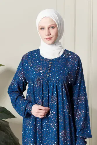 Büzgü Robadan Önü Düğmeli Viskon Kumaş Tessetür Giyim Anne Elbisesi Namaz Elbisesi-Çiçek Desen Mavi2 - 5