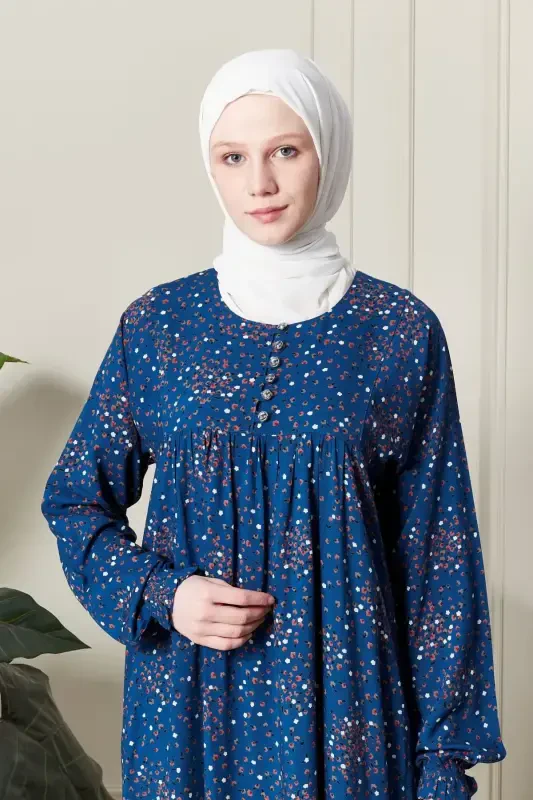 Büzgü Robadan Önü Düğmeli Viskon Kumaş Tessetür Giyim Anne Elbisesi Namaz Elbisesi-Çiçek Desen Mavi2 - 5