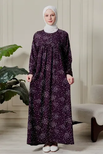 Büzgü Robadan Önü Düğmeli Viskon Kumaş Tessetür Giyim Anne Elbisesi Namaz Elbisesi-Çiçek Desen Mor 