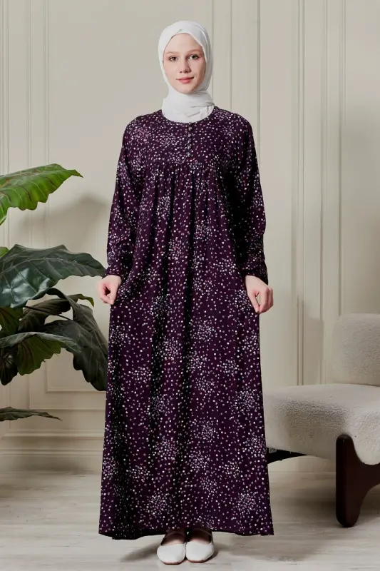 Büzgü Robadan Önü Düğmeli Viskon Kumaş Tessetür Giyim Anne Elbisesi Namaz Elbisesi-Çiçek Desen Mor - FISTAN