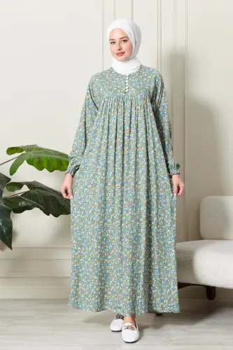 Büzgü Robadan Önü Düğmeli Viskon Kumaş Tessetür Giyim Anne Elbisesi Namaz Elbisesi Çiçek Desenli-Su Yeşili - FISTAN (1)