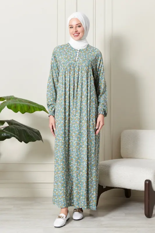 Büzgü Robadan Önü Düğmeli Viskon Kumaş Tessetür Giyim Anne Elbisesi Namaz Elbisesi Çiçek Desenli-Su Yeşili - 1