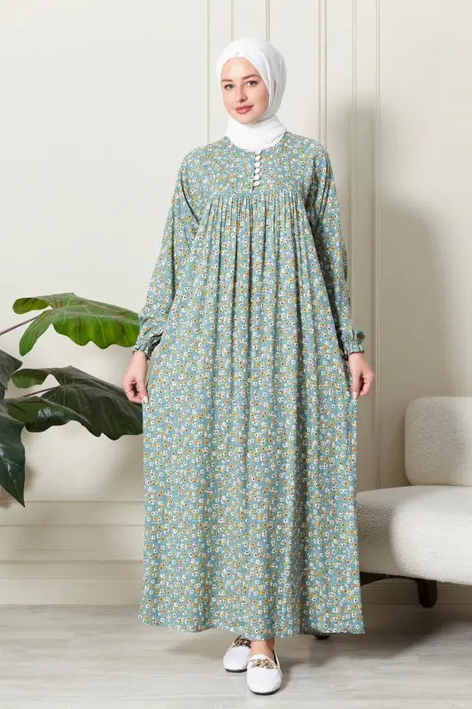 Büzgü Robadan Önü Düğmeli Viskon Kumaş Tessetür Giyim Anne Elbisesi Namaz Elbisesi Çiçek Desenli-Su Yeşili - 2