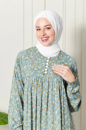 Büzgü Robadan Önü Düğmeli Viskon Kumaş Tessetür Giyim Anne Elbisesi Namaz Elbisesi Çiçek Desenli-Su Yeşili - 5