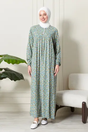 Büzgü Robadan Önü Düğmeli Viskon Kumaş Tessetür Giyim Anne Elbisesi Namaz Elbisesi Çiçek Desenli-Su Yeşili - 1