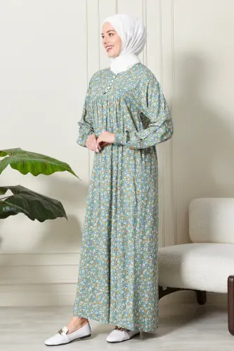 Büzgü Robadan Önü Düğmeli Viskon Kumaş Tessetür Giyim Anne Elbisesi Namaz Elbisesi Çiçek Desenli-Su Yeşili - 3