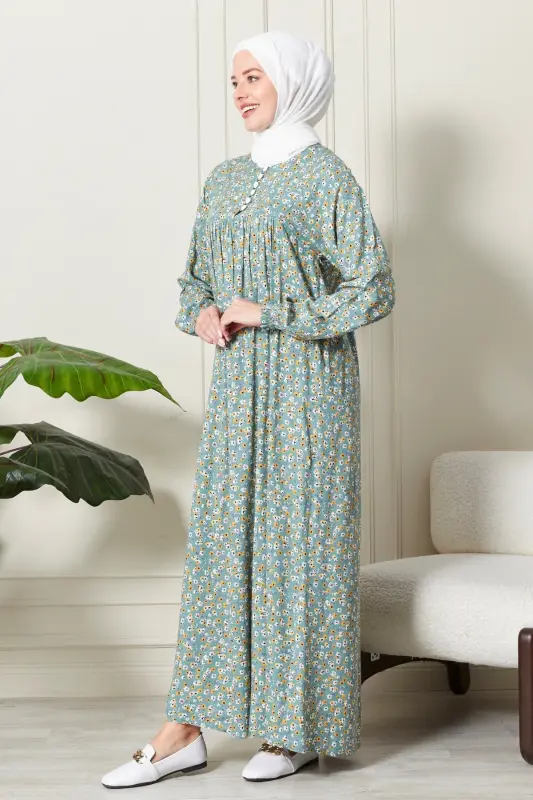 Büzgü Robadan Önü Düğmeli Viskon Kumaş Tessetür Giyim Anne Elbisesi Namaz Elbisesi Çiçek Desenli-Su Yeşili - 3
