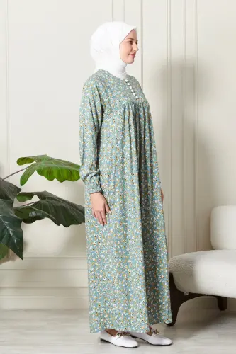Büzgü Robadan Önü Düğmeli Viskon Kumaş Tessetür Giyim Anne Elbisesi Namaz Elbisesi Çiçek Desenli-Su Yeşili - 4
