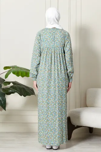 Büzgü Robadan Önü Düğmeli Viskon Kumaş Tessetür Giyim Anne Elbisesi Namaz Elbisesi Çiçek Desenli-Su Yeşili - 6