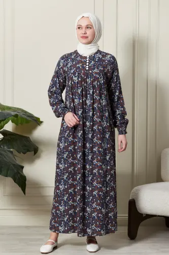 Büzgü Robadan Önü Düğmeli Viskon Kumaş Tessetür Giyim Anne Elbisesi Namaz Elbisesi-Çıtır Desen Mavi - FISTAN (1)
