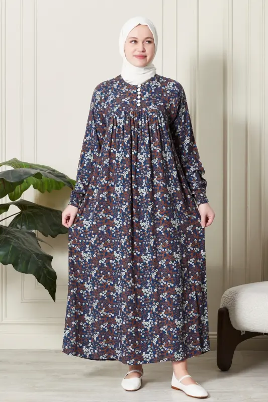 Büzgü Robadan Önü Düğmeli Viskon Kumaş Tessetür Giyim Anne Elbisesi Namaz Elbisesi-Çıtır Desen Mavi - 1