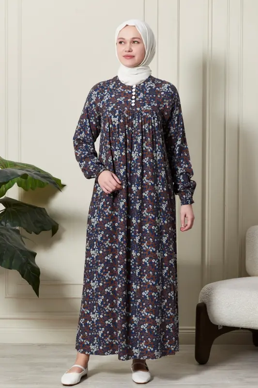 Büzgü Robadan Önü Düğmeli Viskon Kumaş Tessetür Giyim Anne Elbisesi Namaz Elbisesi-Çıtır Desen Mavi - 2