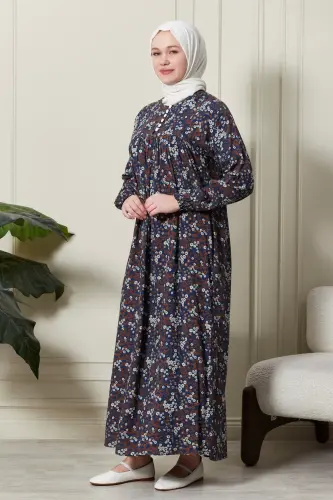 Büzgü Robadan Önü Düğmeli Viskon Kumaş Tessetür Giyim Anne Elbisesi Namaz Elbisesi-Çıtır Desen Mavi - 3