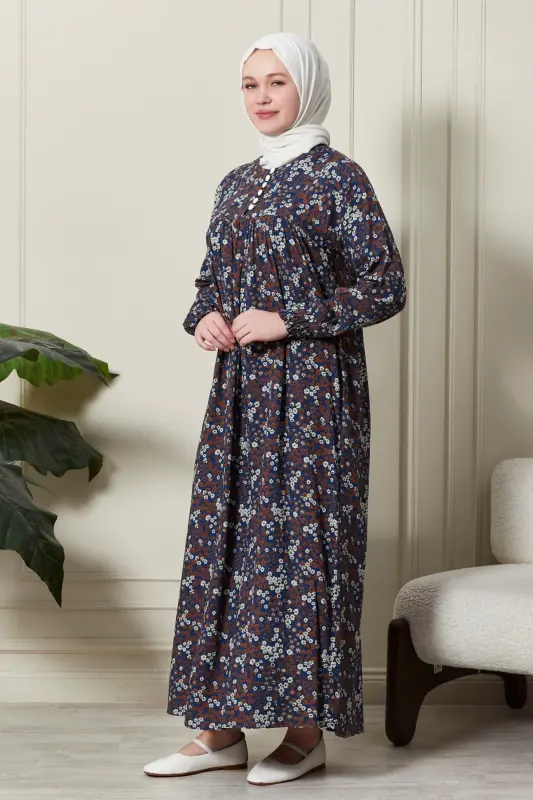 Büzgü Robadan Önü Düğmeli Viskon Kumaş Tessetür Giyim Anne Elbisesi Namaz Elbisesi-Çıtır Desen Mavi - 3