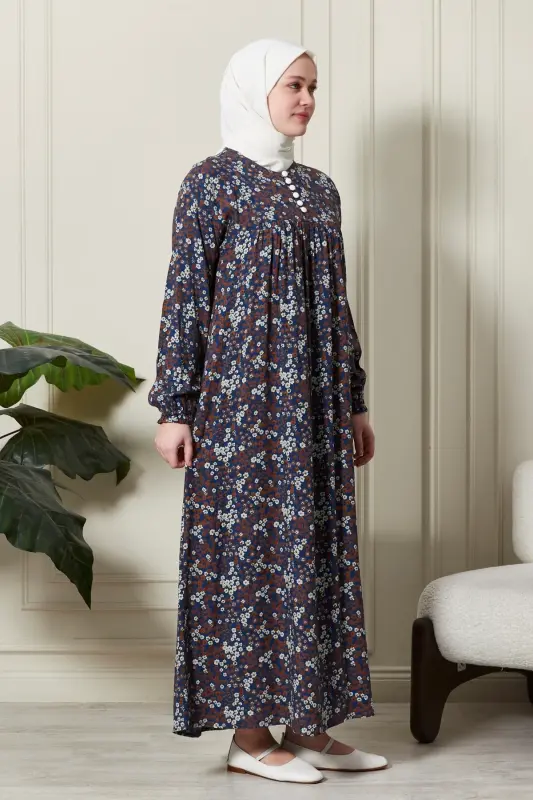 Büzgü Robadan Önü Düğmeli Viskon Kumaş Tessetür Giyim Anne Elbisesi Namaz Elbisesi-Çıtır Desen Mavi - 4