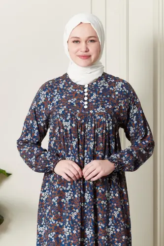 Büzgü Robadan Önü Düğmeli Viskon Kumaş Tessetür Giyim Anne Elbisesi Namaz Elbisesi-Çıtır Desen Mavi - 5