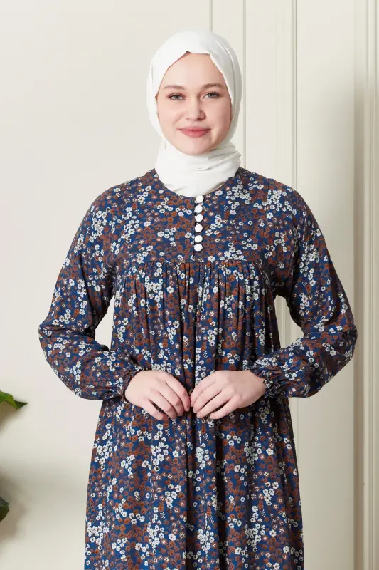 Büzgü Robadan Önü Düğmeli Viskon Kumaş Tessetür Giyim Anne Elbisesi Namaz Elbisesi-Çıtır Desen Mavi - 5