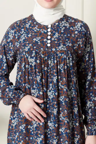 Büzgü Robadan Önü Düğmeli Viskon Kumaş Tessetür Giyim Anne Elbisesi Namaz Elbisesi-Çıtır Desen Mavi - 6