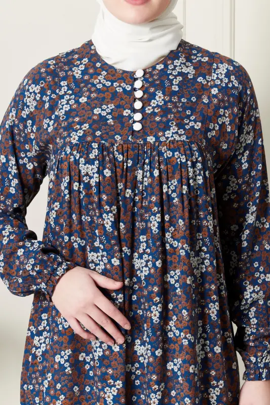 Büzgü Robadan Önü Düğmeli Viskon Kumaş Tessetür Giyim Anne Elbisesi Namaz Elbisesi-Çıtır Desen Mavi - 6