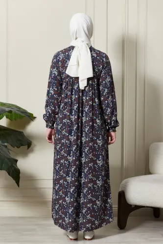 Büzgü Robadan Önü Düğmeli Viskon Kumaş Tessetür Giyim Anne Elbisesi Namaz Elbisesi-Çıtır Desen Mavi - 7