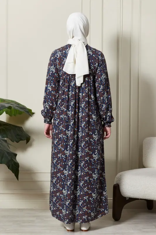 Büzgü Robadan Önü Düğmeli Viskon Kumaş Tessetür Giyim Anne Elbisesi Namaz Elbisesi-Çıtır Desen Mavi - 7