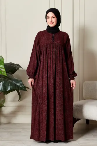 Büzgü Robadan Önü Düğmeli Viskon Kumaş Tessetür Giyim Anne Elbisesi Namaz Elbisesi-Çizgi Desen Bordo 