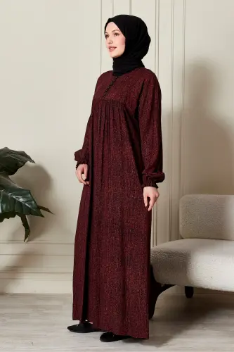 Büzgü Robadan Önü Düğmeli Viskon Kumaş Tessetür Giyim Anne Elbisesi Namaz Elbisesi-Çizgi Desen Bordo - FISTAN (1)