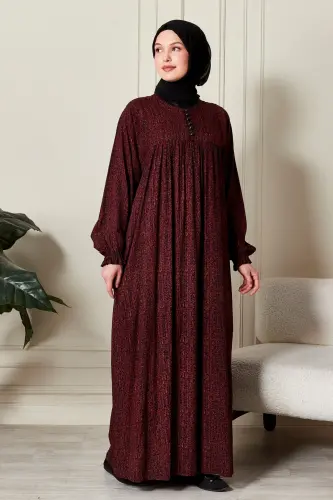 Büzgü Robadan Önü Düğmeli Viskon Kumaş Tessetür Giyim Anne Elbisesi Namaz Elbisesi-Çizgi Desen Bordo - 3