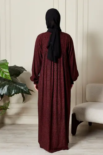 Büzgü Robadan Önü Düğmeli Viskon Kumaş Tessetür Giyim Anne Elbisesi Namaz Elbisesi-Çizgi Desen Bordo - 6