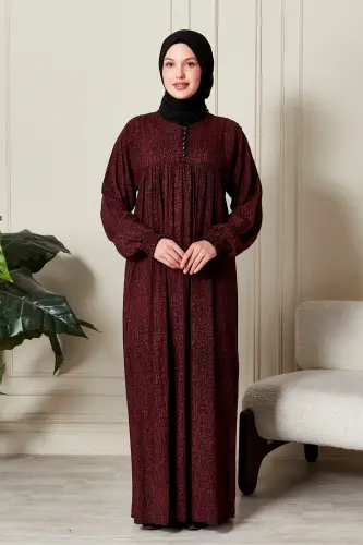 Büzgü Robadan Önü Düğmeli Viskon Kumaş Tessetür Giyim Anne Elbisesi Namaz Elbisesi-Çizgi Desen Bordo - 4