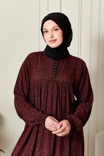 Büzgü Robadan Önü Düğmeli Viskon Kumaş Tessetür Giyim Anne Elbisesi Namaz Elbisesi-Çizgi Desen Bordo - 5