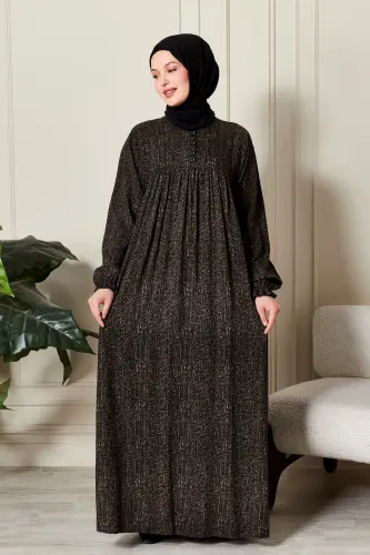 Büzgü Robadan Önü Düğmeli Viskon Kumaş Tessetür Giyim Anne Elbisesi Namaz Elbisesi-Çizgi Desen Haki 