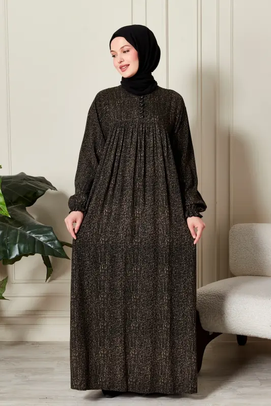 Büzgü Robadan Önü Düğmeli Viskon Kumaş Tessetür Giyim Anne Elbisesi Namaz Elbisesi-Çizgi Desen Haki - 1