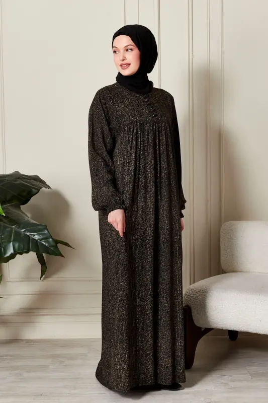 Büzgü Robadan Önü Düğmeli Viskon Kumaş Tessetür Giyim Anne Elbisesi Namaz Elbisesi-Çizgi Desen Haki - 3