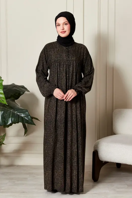 Büzgü Robadan Önü Düğmeli Viskon Kumaş Tessetür Giyim Anne Elbisesi Namaz Elbisesi-Çizgi Desen Haki - 4
