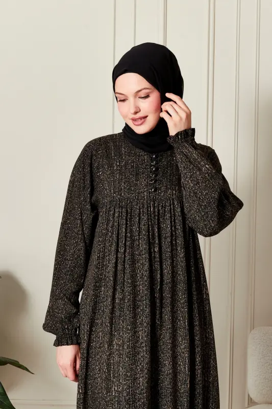 Büzgü Robadan Önü Düğmeli Viskon Kumaş Tessetür Giyim Anne Elbisesi Namaz Elbisesi-Çizgi Desen Haki - 5
