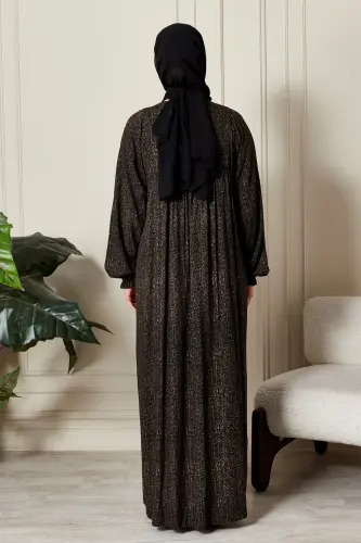 Büzgü Robadan Önü Düğmeli Viskon Kumaş Tessetür Giyim Anne Elbisesi Namaz Elbisesi-Çizgi Desen Haki - 6