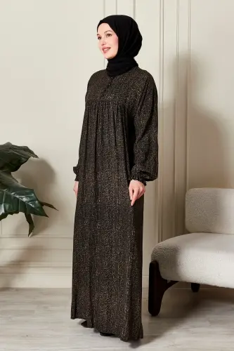 Büzgü Robadan Önü Düğmeli Viskon Kumaş Tessetür Giyim Anne Elbisesi Namaz Elbisesi-Çizgi Desen Haki - FISTAN (1)