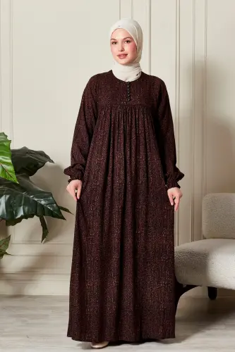 Büzgü Robadan Önü Düğmeli Viskon Kumaş Tessetür Giyim Anne Elbisesi Namaz Elbisesi-Çizgi Desen Kahverengi - 1