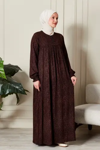 Büzgü Robadan Önü Düğmeli Viskon Kumaş Tessetür Giyim Anne Elbisesi Namaz Elbisesi-Çizgi Desen Kahverengi - FISTAN (1)