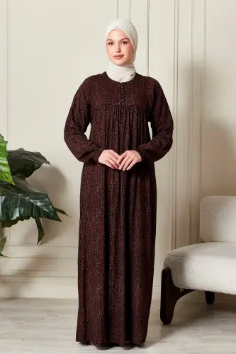 Büzgü Robadan Önü Düğmeli Viskon Kumaş Tessetür Giyim Anne Elbisesi Namaz Elbisesi-Çizgi Desen Kahverengi - 4