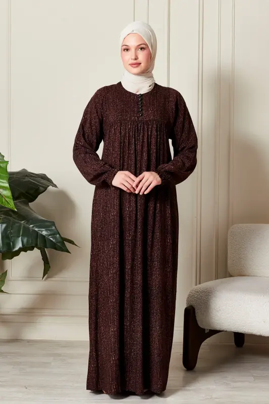 Büzgü Robadan Önü Düğmeli Viskon Kumaş Tessetür Giyim Anne Elbisesi Namaz Elbisesi-Çizgi Desen Kahverengi - 4