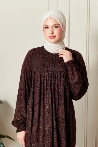 Büzgü Robadan Önü Düğmeli Viskon Kumaş Tessetür Giyim Anne Elbisesi Namaz Elbisesi-Çizgi Desen Kahverengi - 5