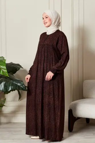 Büzgü Robadan Önü Düğmeli Viskon Kumaş Tessetür Giyim Anne Elbisesi Namaz Elbisesi-Çizgi Desen Kahverengi - 3