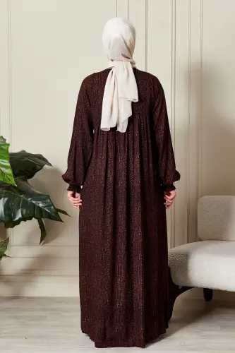 Büzgü Robadan Önü Düğmeli Viskon Kumaş Tessetür Giyim Anne Elbisesi Namaz Elbisesi-Çizgi Desen Kahverengi - 6