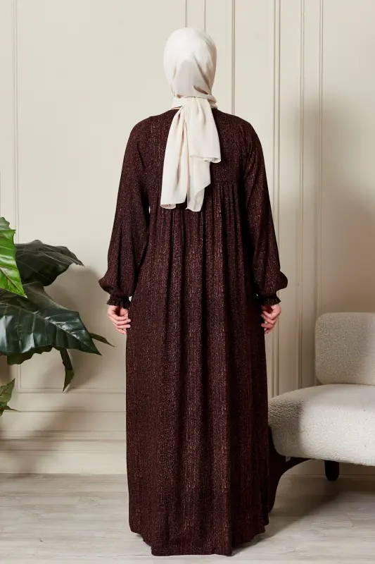 Büzgü Robadan Önü Düğmeli Viskon Kumaş Tessetür Giyim Anne Elbisesi Namaz Elbisesi-Çizgi Desen Kahverengi - 6